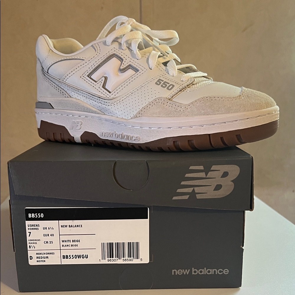 New Balance White and Tan BB550 Sneakers
